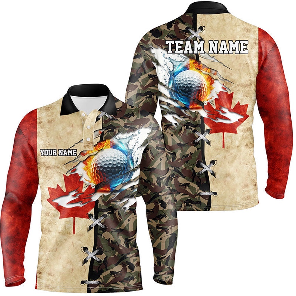 Canadian Flag Camo Men’s Golf Polo Shirts Custom Fire Water Golf Ball Team Golf Shirts, Golf Polo Shirt, Golf Shirts