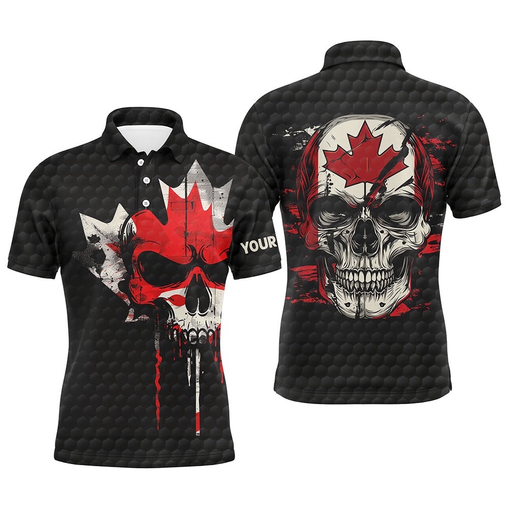 Canadian Flag Skull Men’s Golf Polo Shirts Custom Black Golf Ball Skin Golf Attire For Men, Golf Polo Shirt, Golf Shirts