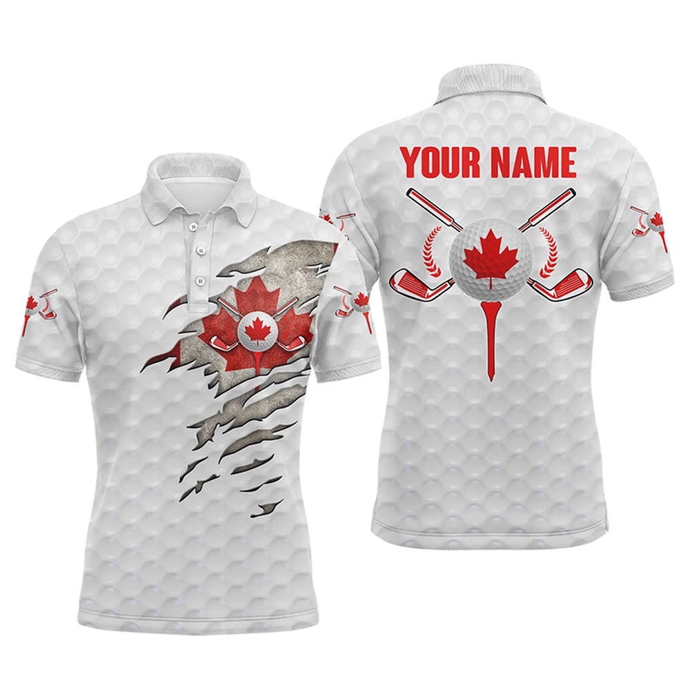 Canadian Flag White Golf Ball Skin Men’s Golf Polos Shirts Custom Patriot Golf Gift, Golf Shirt For Men, Golf Polo Shirt, Golf Shirts