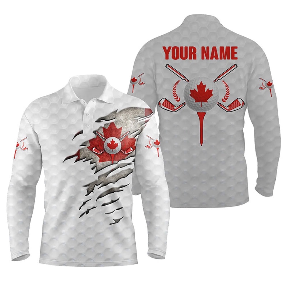 Canadian Flag White Golf Ball Skin Men’s Golf Polos Shirts Custom Patriot Golf Gift, Golf Shirt For Men, Golf Polo Shirt, Golf Shirts