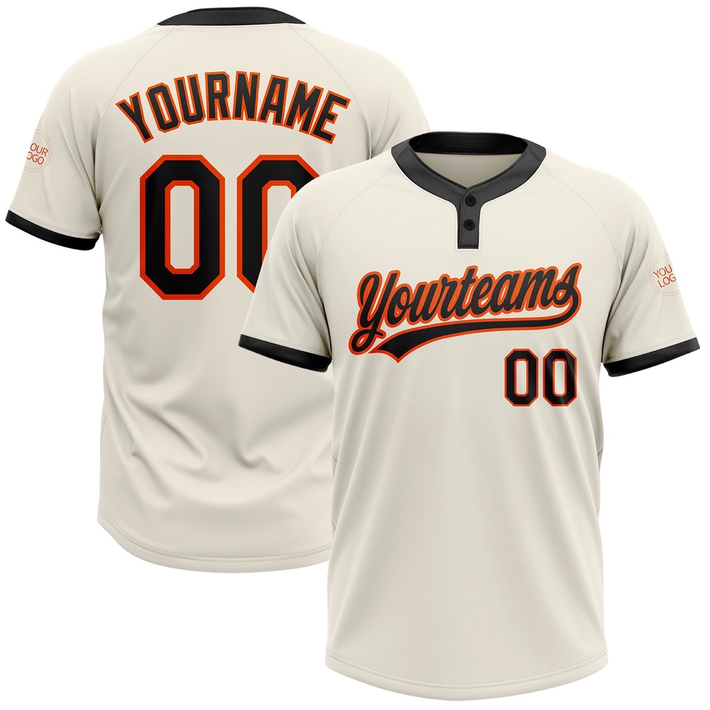 Cream Black Orange Two Button Unisex Softball Jersey, Custom Team Softball Jersey