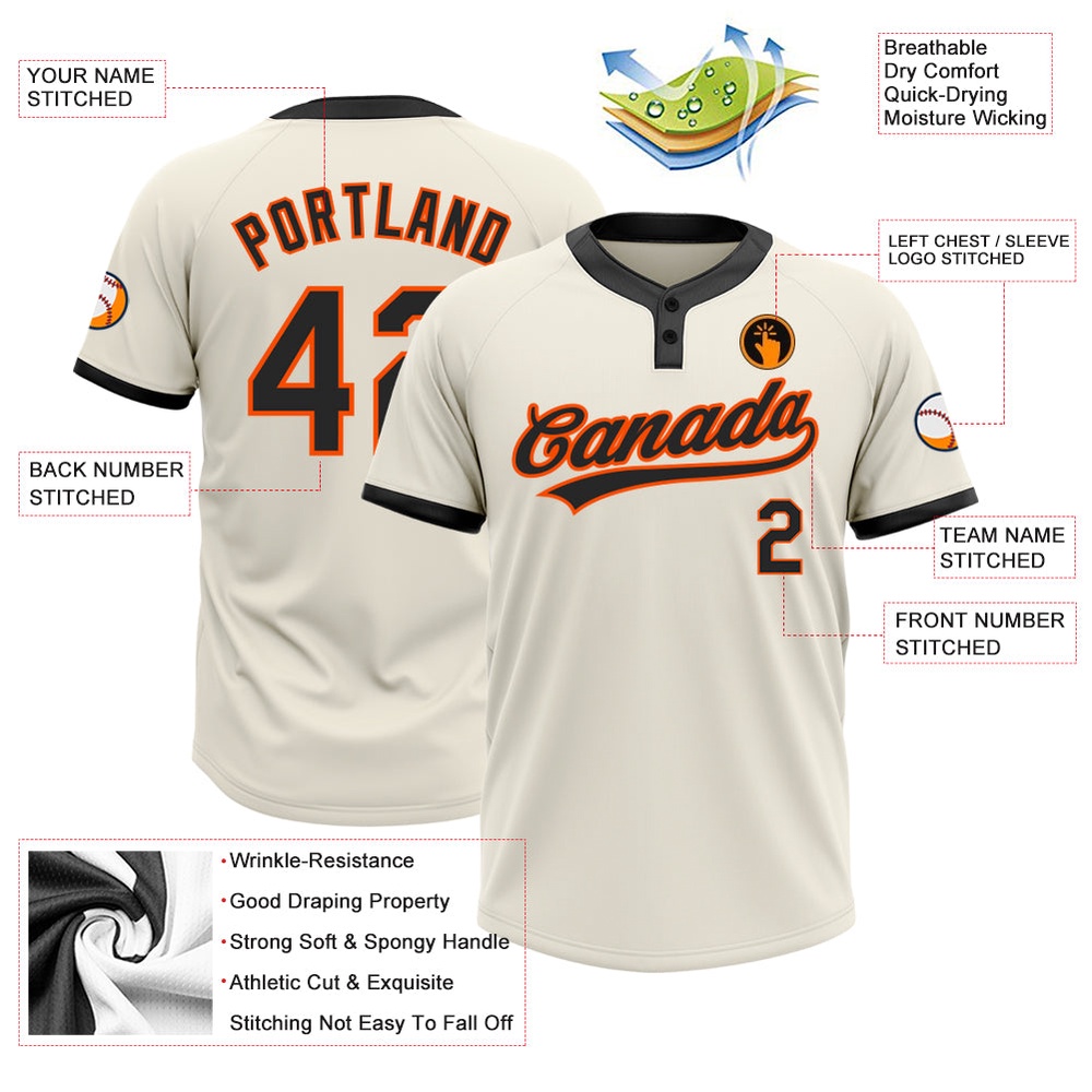 Cream Black Orange Two Button Unisex Softball Jersey, Custom Team Softball Jersey