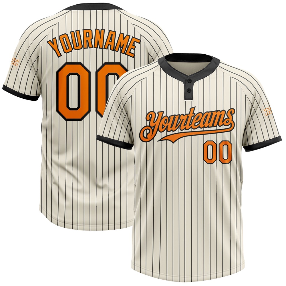 Cream Black Pinstripe Bay Orange Two Button Unisex Softball Jersey, Custom Team Softball Jersey