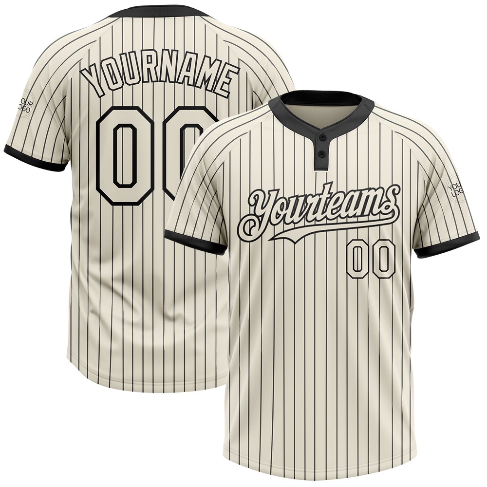 Cream Black Pinstripe Black Two Button Unisex Softball Jersey, Custom Team Softball Jersey