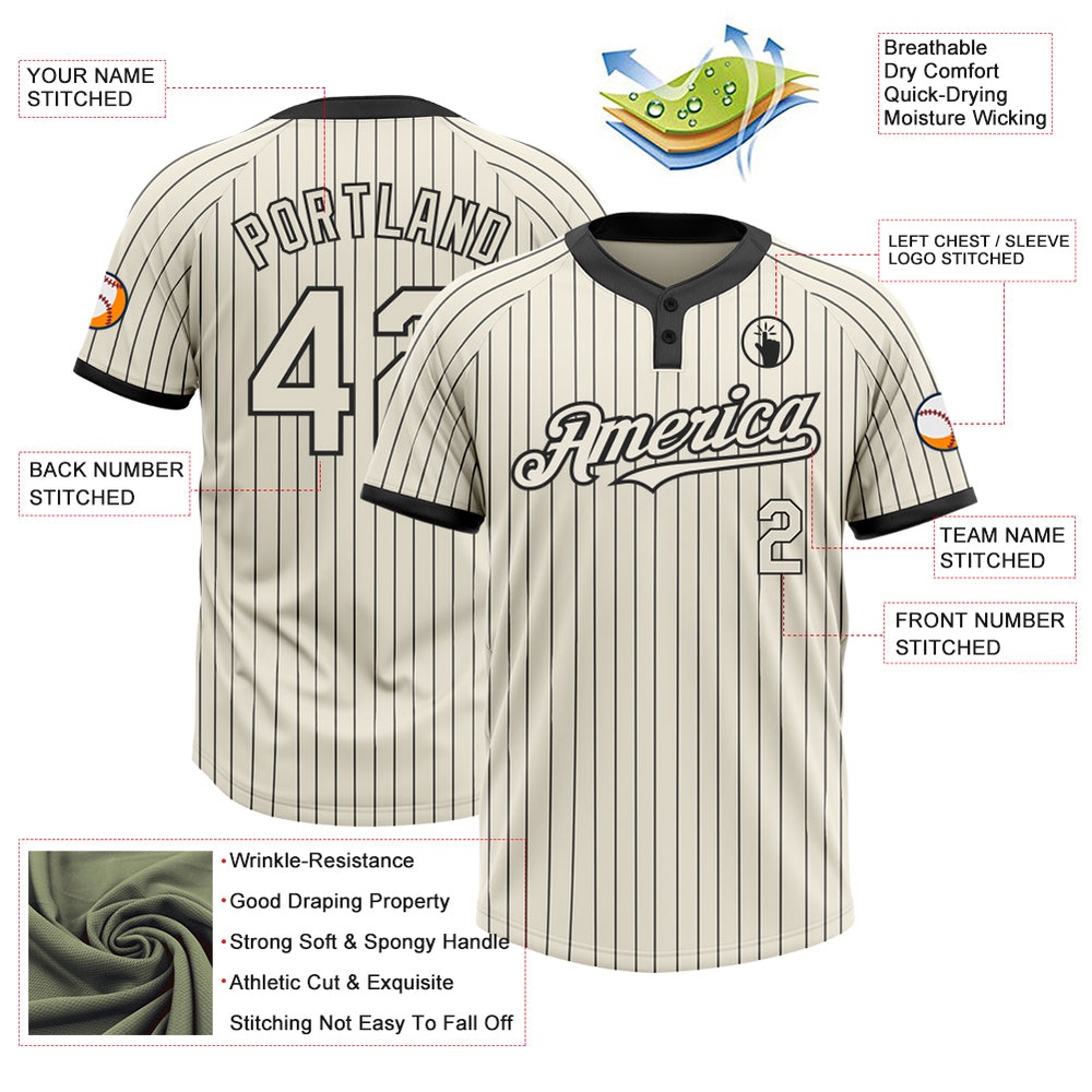 Cream Black Pinstripe Black Two Button Unisex Softball Jersey, Custom Team Softball Jersey
