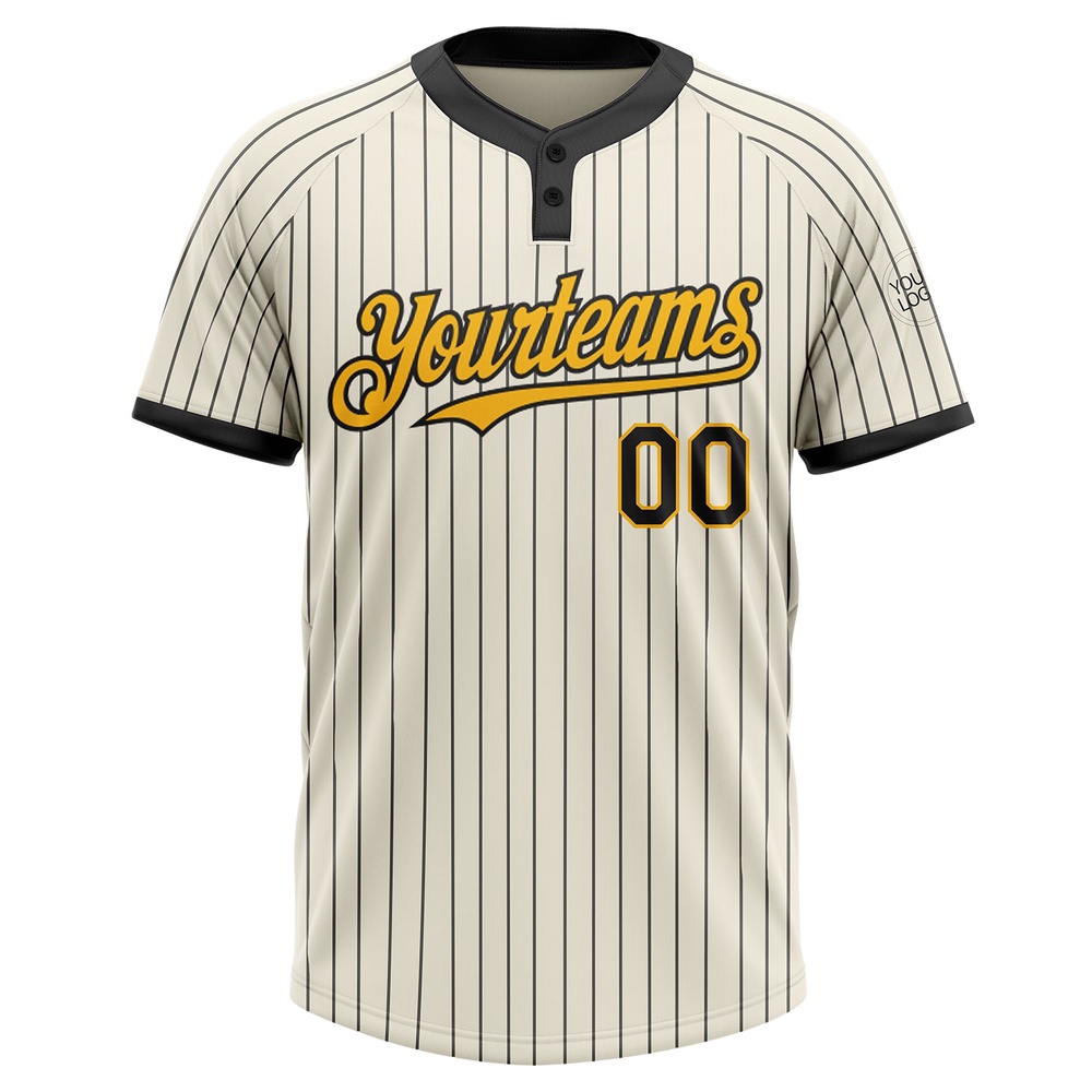 Cream Black Pinstripe Gold Two Button Unisex Softball Jersey, Custom Team Softball Jersey