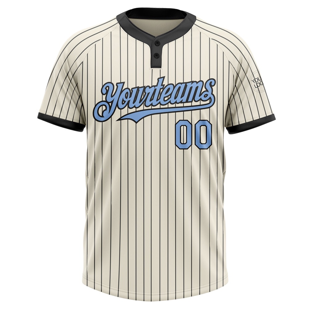 Cream Black Pinstripe Light Blue Two Button Unisex Softball Jersey, Custom Team Softball Jersey
