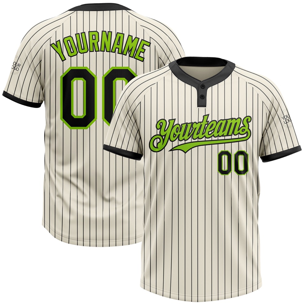 Cream Black Pinstripe Neon Green Two Button Unisex Softball Jersey, Custom Team Softball Jersey Cream Black Pinstripe Neon Green Two Button Unisex Softball Jersey, Custom Team Softball Jersey