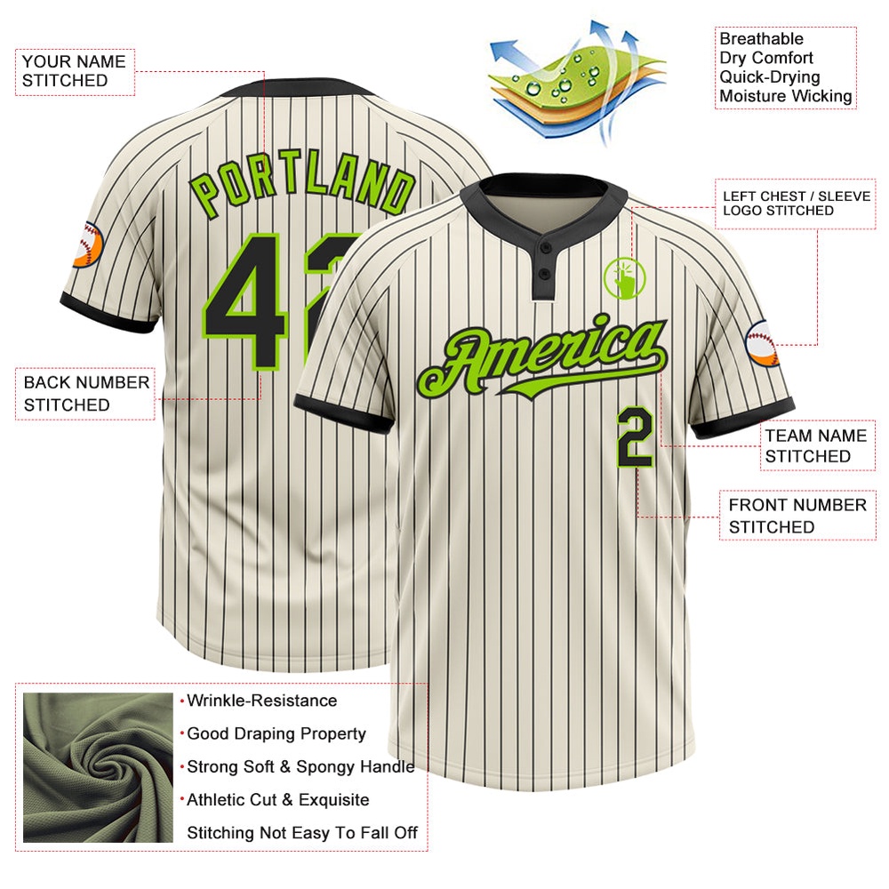 Cream Black Pinstripe Neon Green Two Button Unisex Softball Jersey, Custom Team Softball Jersey Cream Black Pinstripe Neon Green Two Button Unisex Softball Jersey, Custom Team Softball Jersey