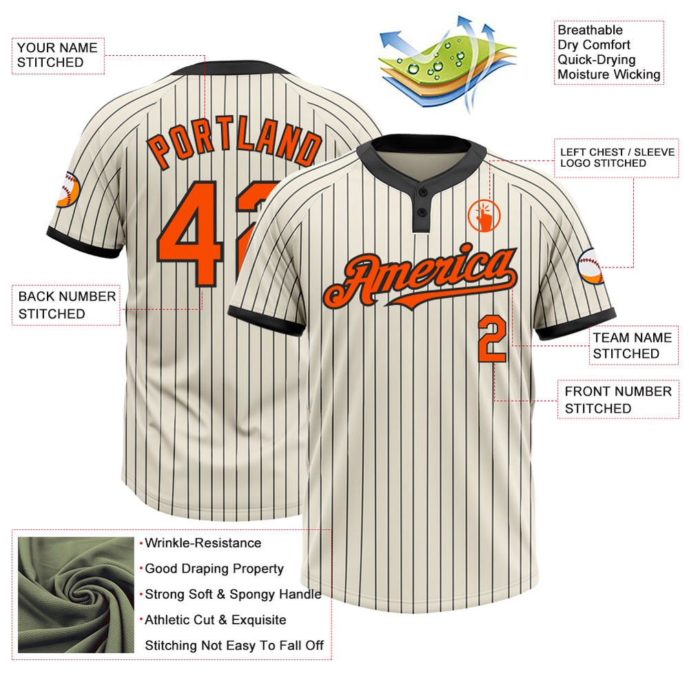 Cream Black Pinstripe Orange Two Button Unisex Softball Jersey, Custom Team Softball Jersey