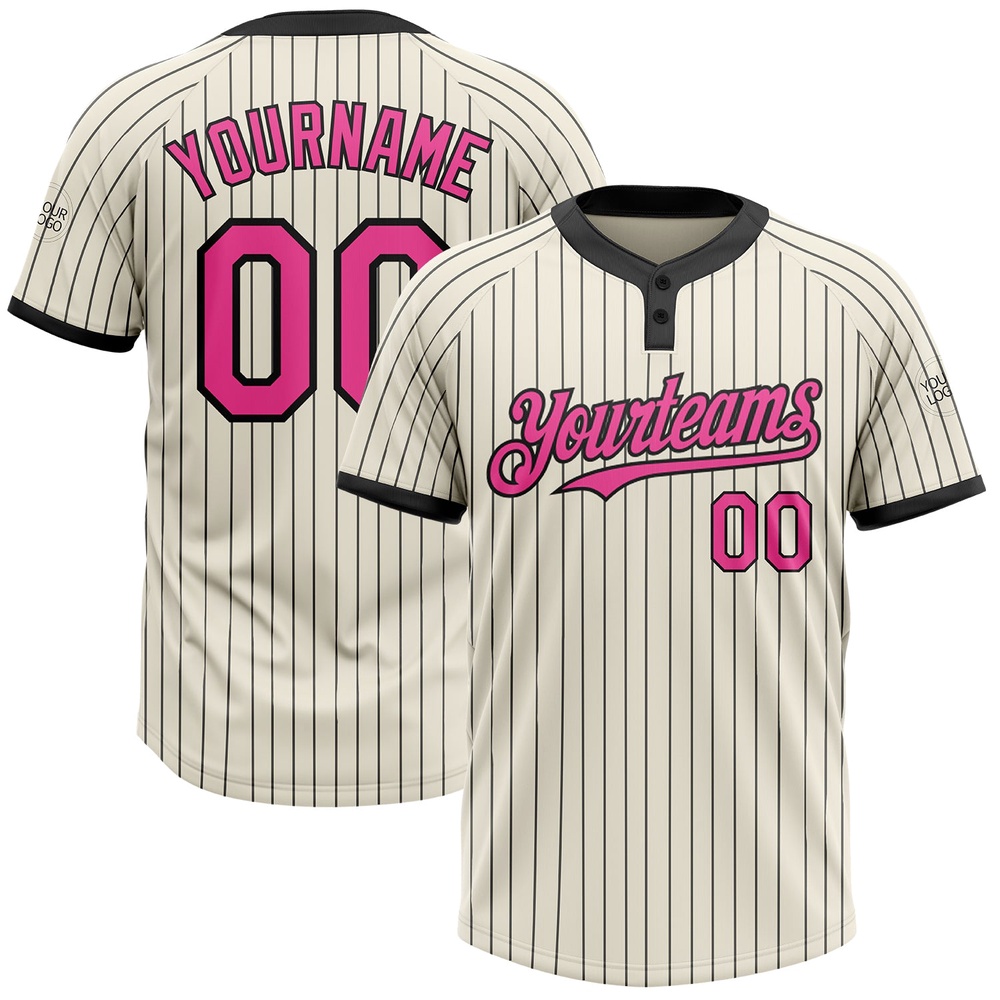 Cream Black Pinstripe Pink Two Button Unisex Softball Jersey, Custom Team Softball Jersey