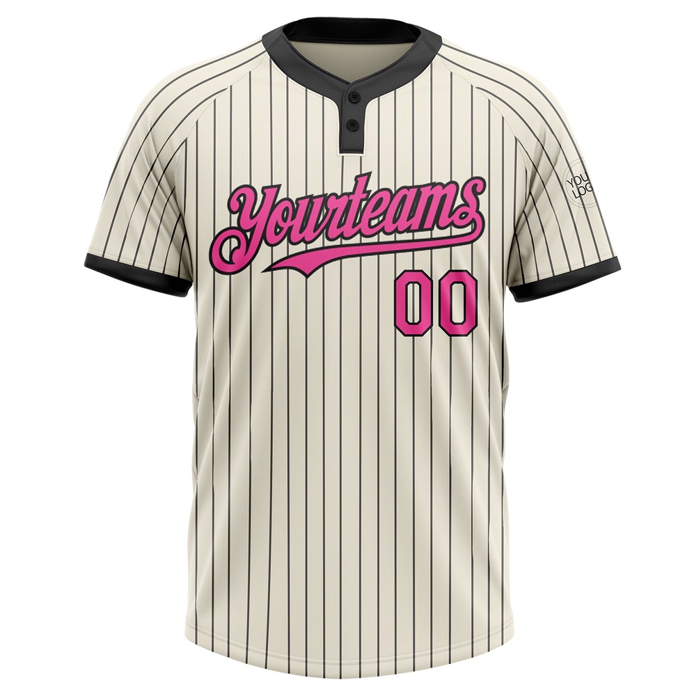 Cream Black Pinstripe Pink Two Button Unisex Softball Jersey, Custom Team Softball Jersey