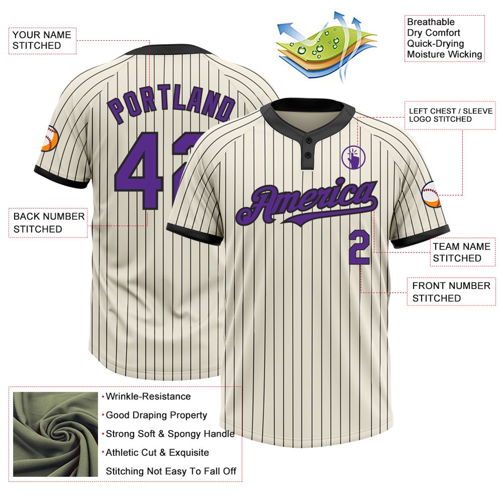 Cream Black Pinstripe Purple Two Button Unisex Softball Jersey, Custom Team Softball Jersey Cream Black Pinstripe Purple Two Button Unisex Softball Jersey, Custom Team Softball Jersey