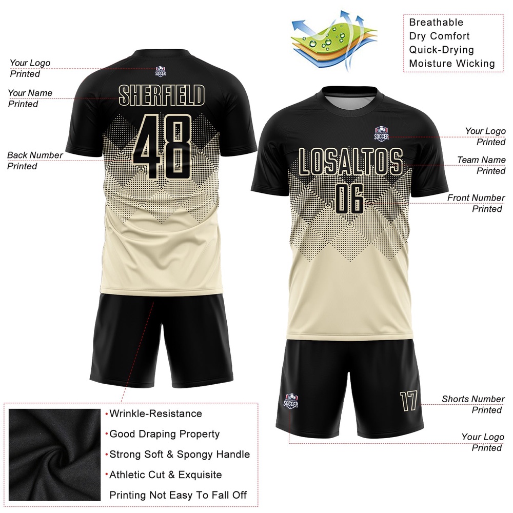 Cream Black Sublimation Soccer Uniform Jersey, Custom Team Soccer Jersey Shirt