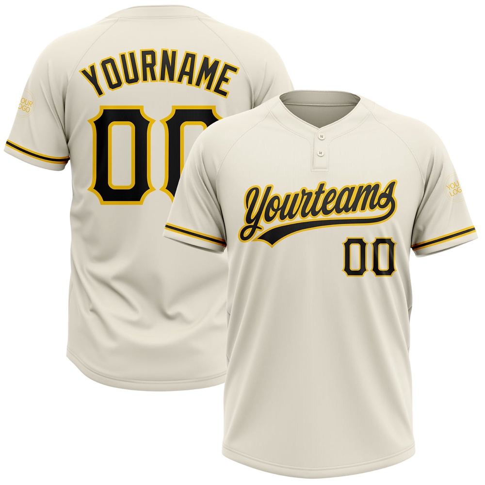 Cream Black Yellow Two Button Unisex Softball Jersey, Custom Team Softball Jersey