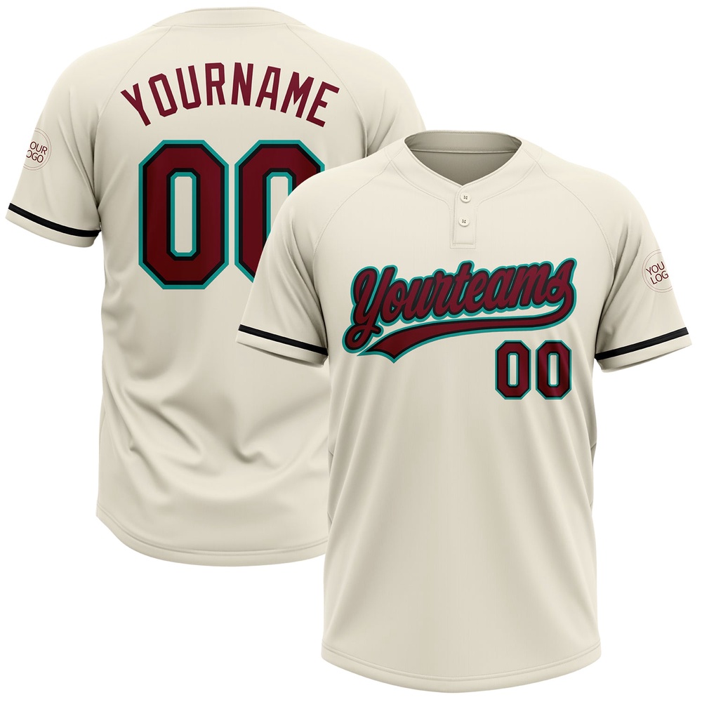 Cream Crimson Black Aqua Two Button Unisex Softball Jersey, Custom Team Softball Jersey
