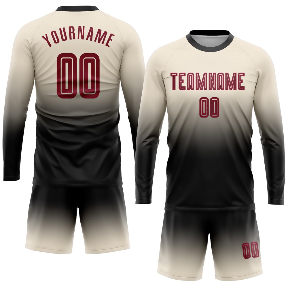 Cream Crimson Black Sublimation Long Sleeve Fade Fashion Soccer Uniform Jersey, Custom Team Soccer Jersey Shirt