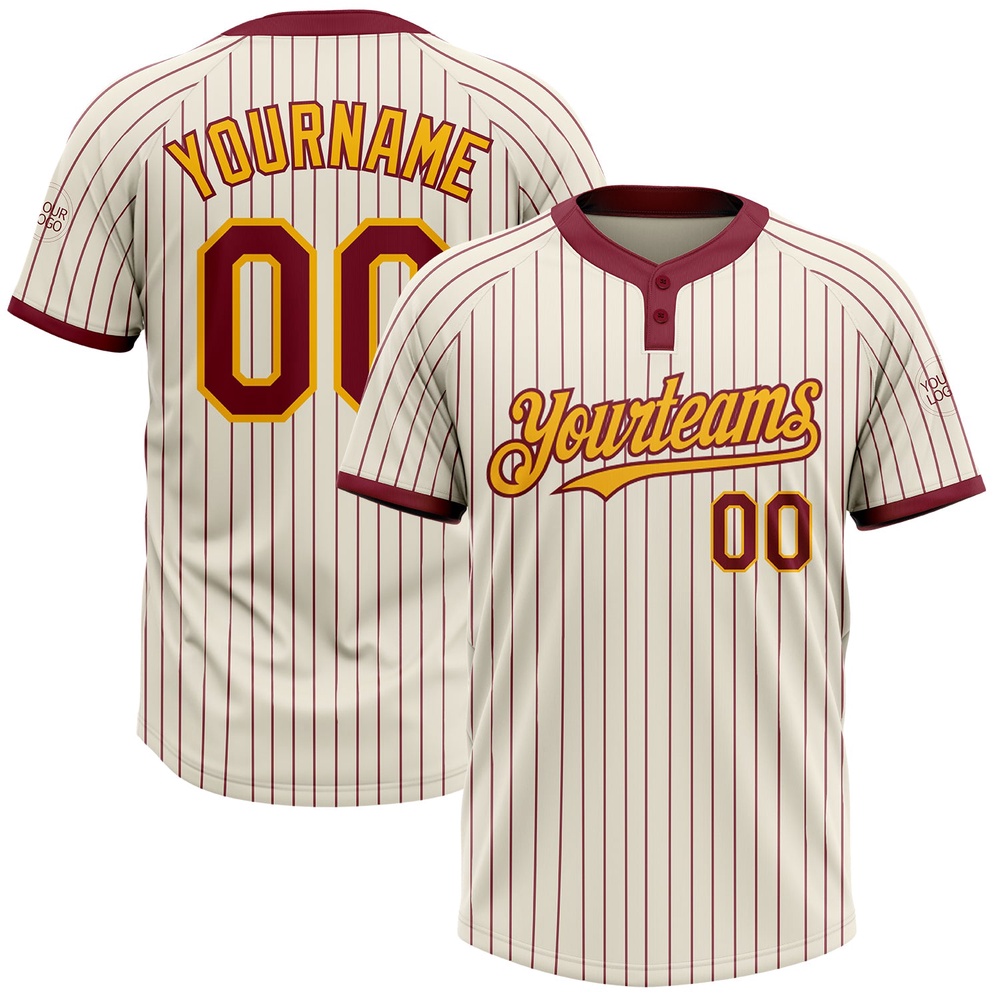 Cream Crimson Pinstripe Gold Two Button Unisex Softball Jersey, Custom Team Softball Jersey