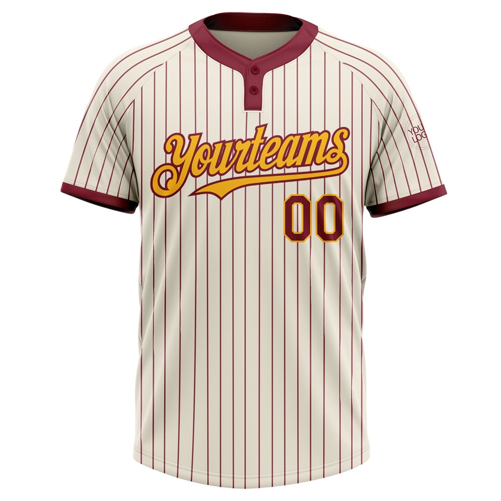 Cream Crimson Pinstripe Gold Two Button Unisex Softball Jersey, Custom Team Softball Jersey