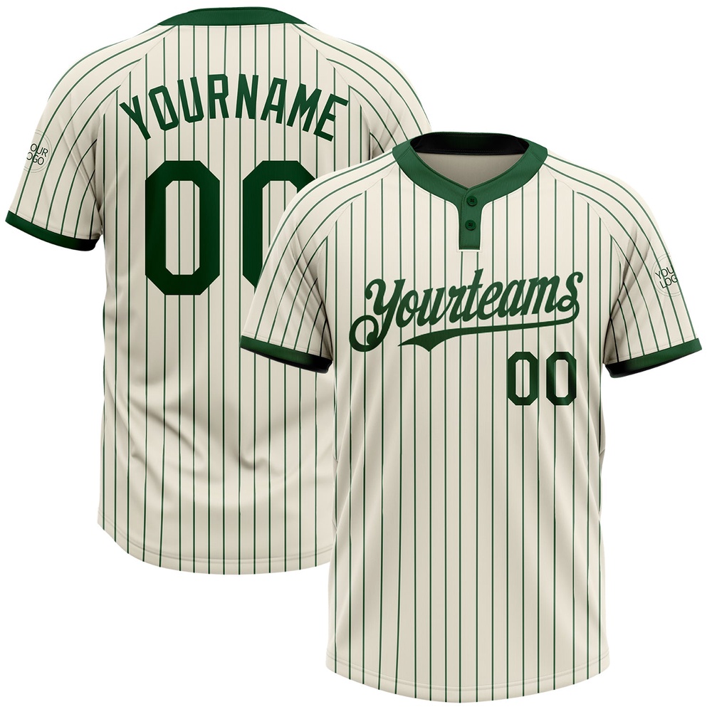 Cream Green Pinstripe Green Two Button Unisex Softball Jersey, Custom Team Softball Jersey