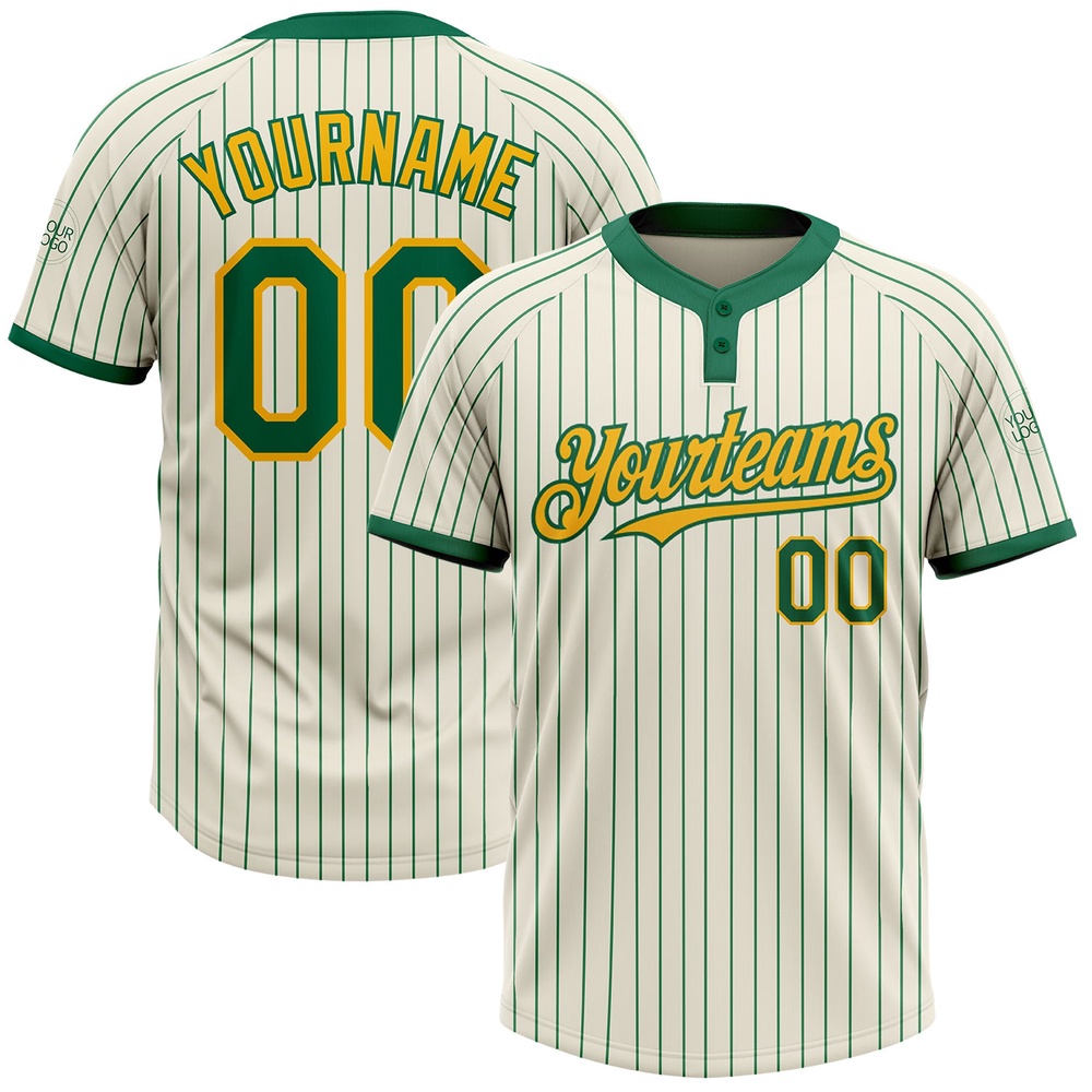 Cream Kelly Green Pinstripe Gold Two Button Unisex Softball Jersey, Custom Team Softball Jersey Cream Kelly Green Pinstripe Gold Two Button Unisex Softball Jersey, Custom Team Softball Jersey