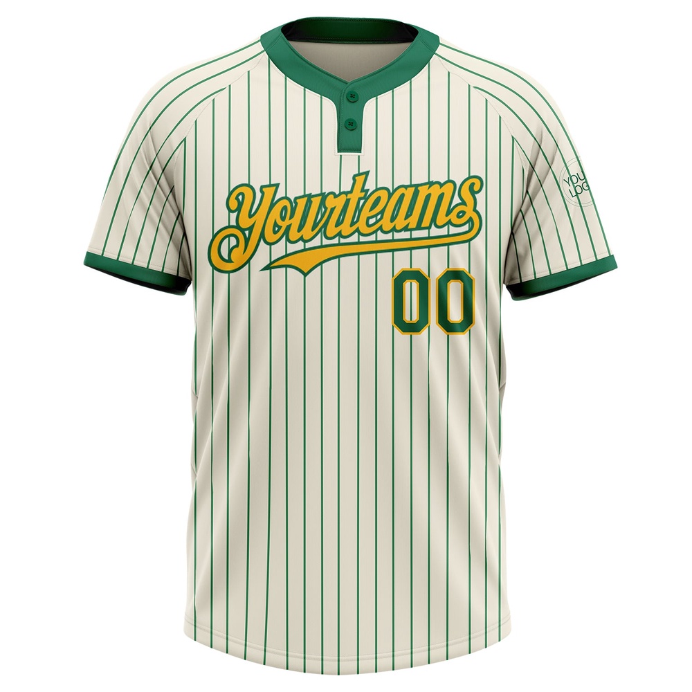 Cream Kelly Green Pinstripe Gold Two Button Unisex Softball Jersey, Custom Team Softball Jersey Cream Kelly Green Pinstripe Gold Two Button Unisex Softball Jersey, Custom Team Softball Jersey
