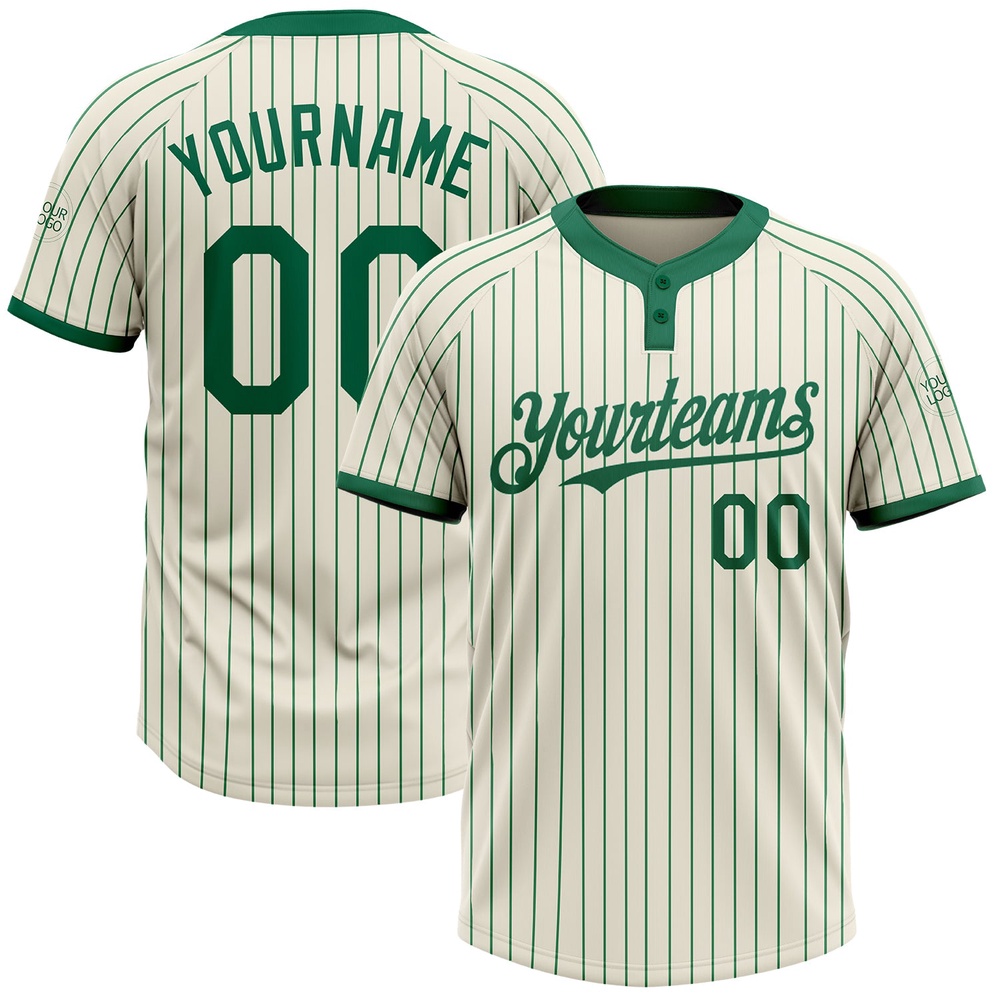 Cream Kelly Green Pinstripe Kelly Green Two Button Unisex Softball Jersey, Custom Team Softball Jersey