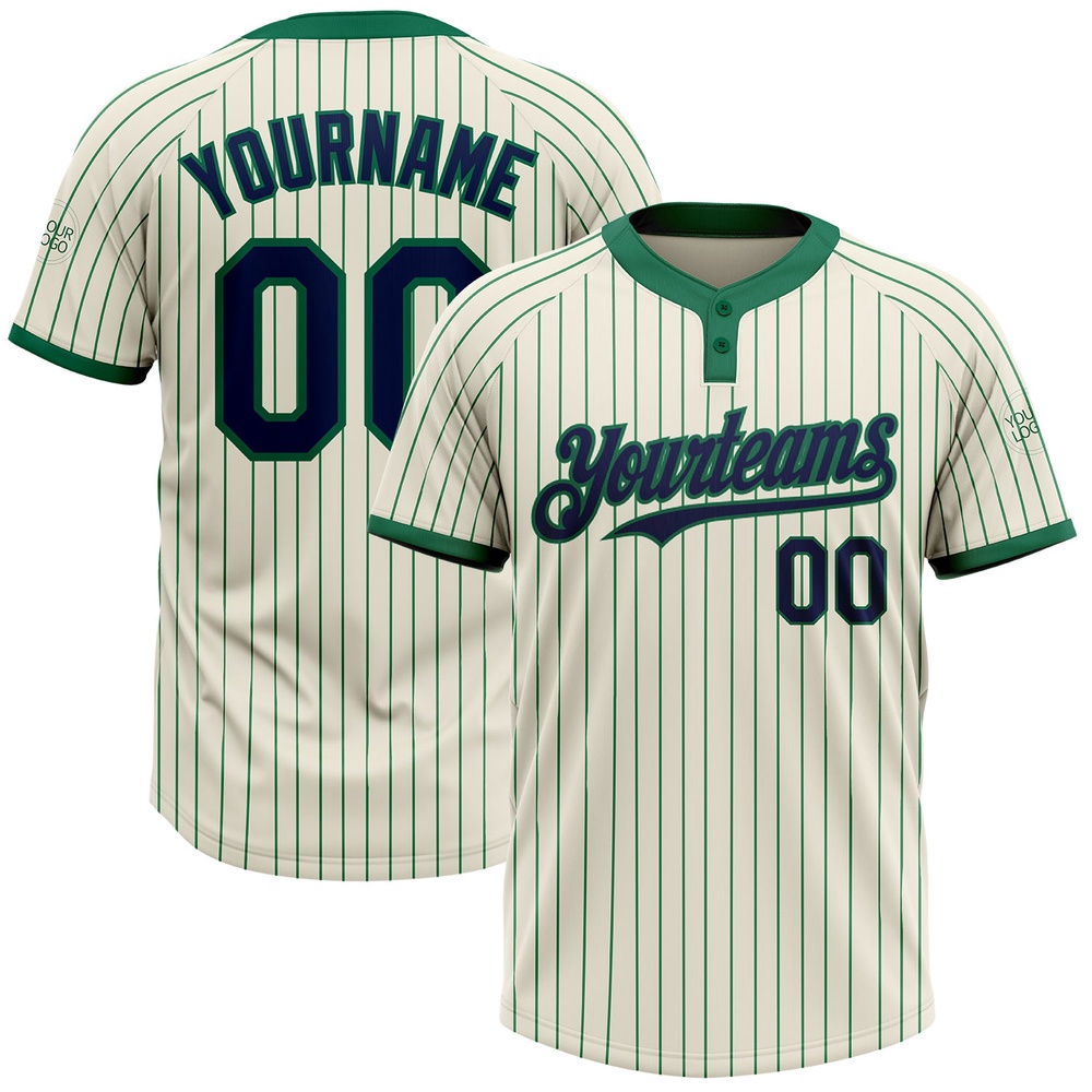 Cream Kelly Green Pinstripe Navy Two Button Unisex Softball Jersey, Custom Team Softball Jersey
