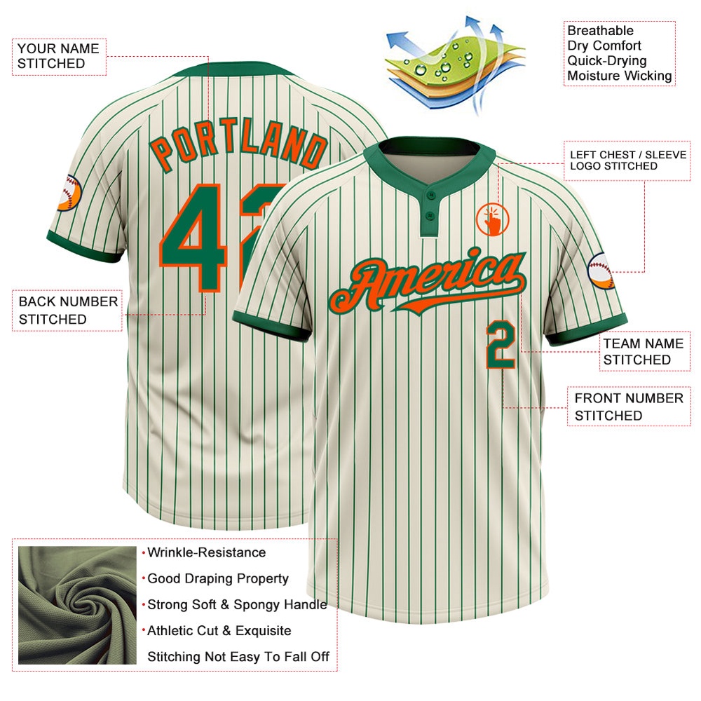 Cream Kelly Green Pinstripe Orange Two Button Unisex Softball Jersey, Custom Team Softball Jersey Cream Kelly Green Pinstripe Orange Two Button Unisex Softball Jersey, Custom Team Softball Jersey