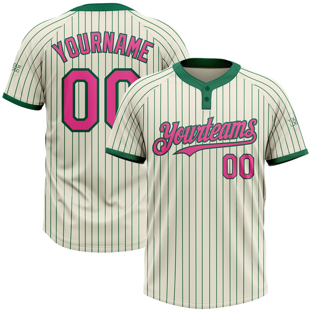 Cream Kelly Green Pinstripe Pink Two Button Unisex Softball Jersey, Custom Team Softball Jersey Cream Kelly Green Pinstripe Pink Two Button Unisex Softball Jersey, Custom Team Softball Jersey