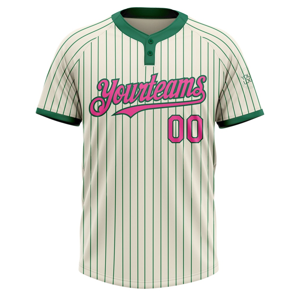 Cream Kelly Green Pinstripe Pink Two Button Unisex Softball Jersey, Custom Team Softball Jersey Cream Kelly Green Pinstripe Pink Two Button Unisex Softball Jersey, Custom Team Softball Jersey