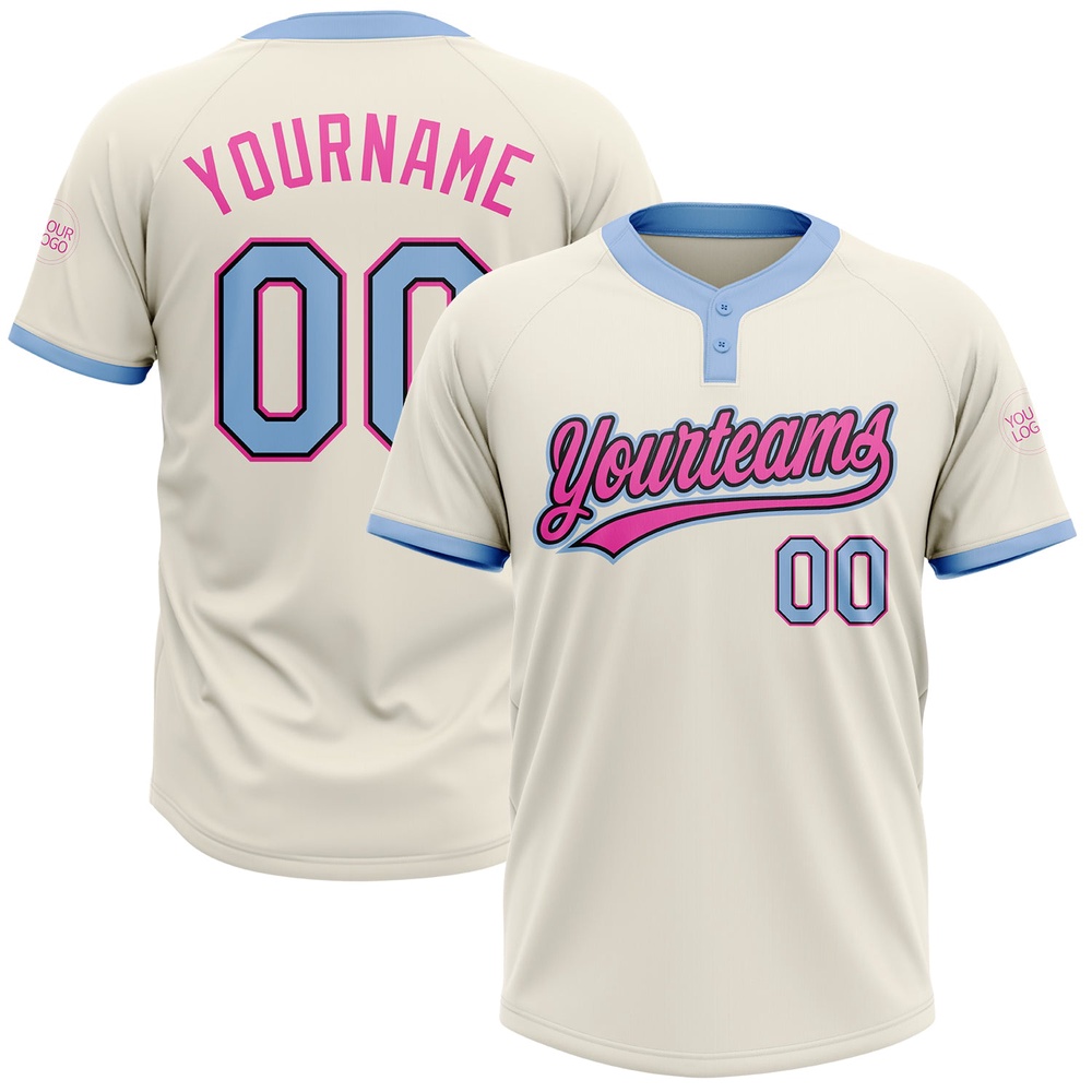 Cream Light Blue Black Pink Two Button Unisex Softball Jersey, Custom Team Softball Jersey