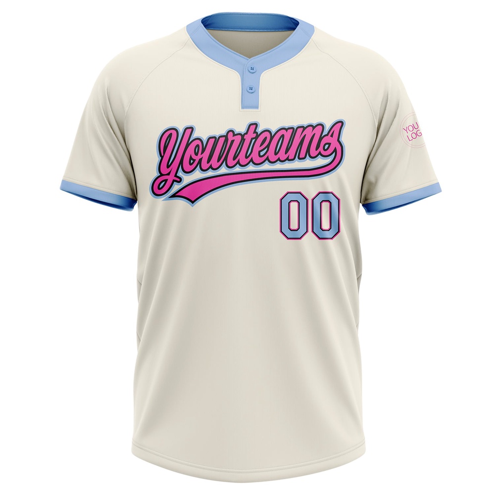 Cream Light Blue Black Pink Two Button Unisex Softball Jersey, Custom Team Softball Jersey