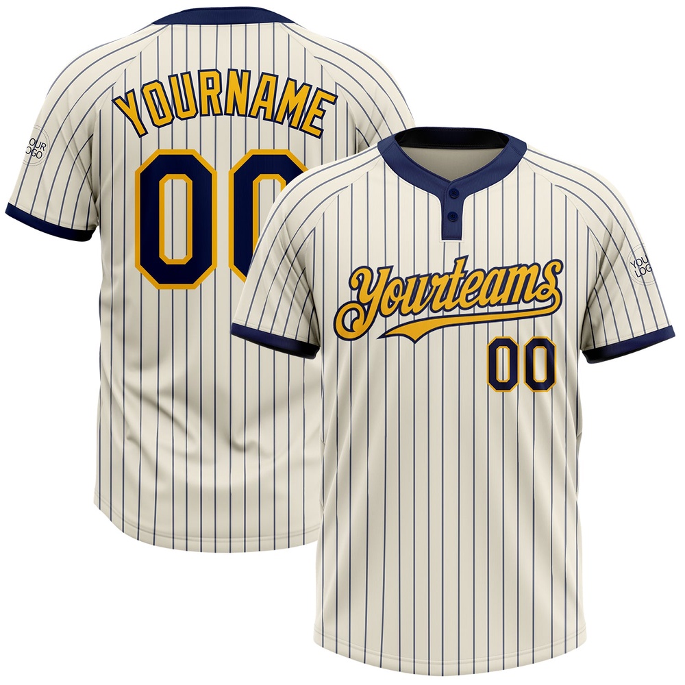 Cream Navy Pinstripe Gold Two Button Unisex Softball Jersey, Custom Team Softball Jersey