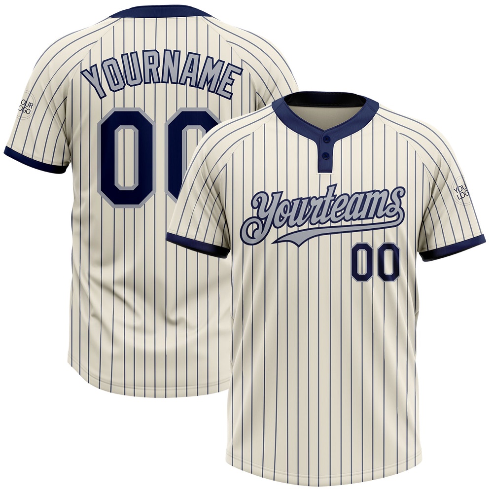Cream Navy Pinstripe Gray Two Button Unisex Softball Jersey, Custom Team Softball Jersey