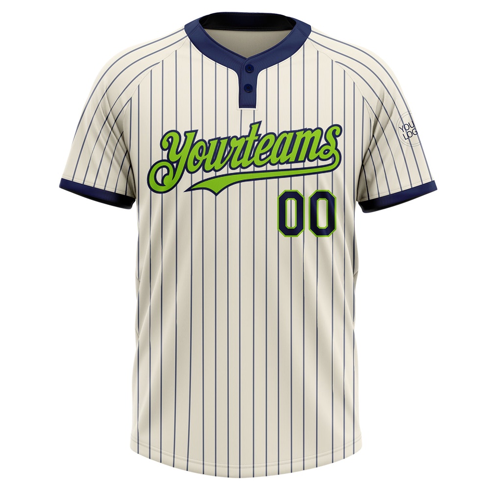 Cream Navy Pinstripe Neon Green Two Button Unisex Softball Jersey, Custom Team Softball Jersey