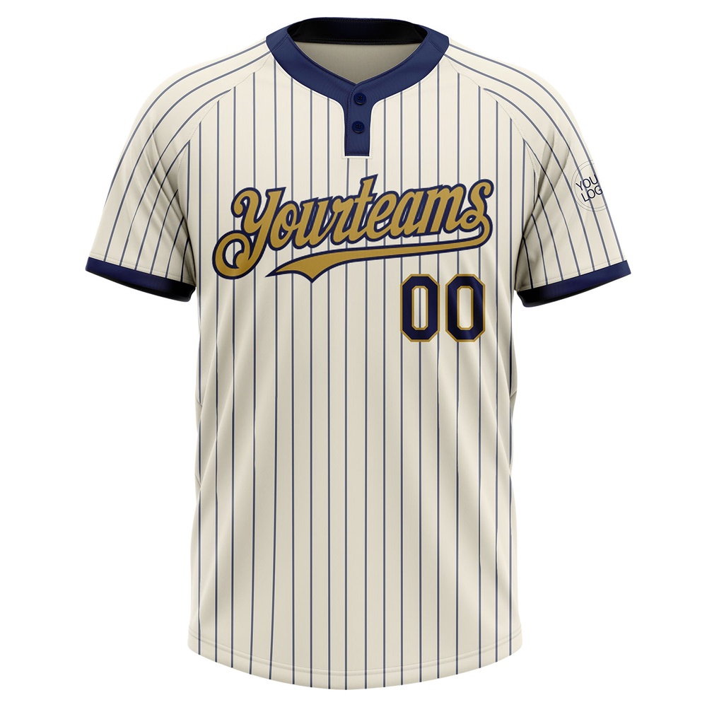 Cream Navy Pinstripe Old Gold Two Button Unisex Softball Jersey, Custom Team Softball Jersey