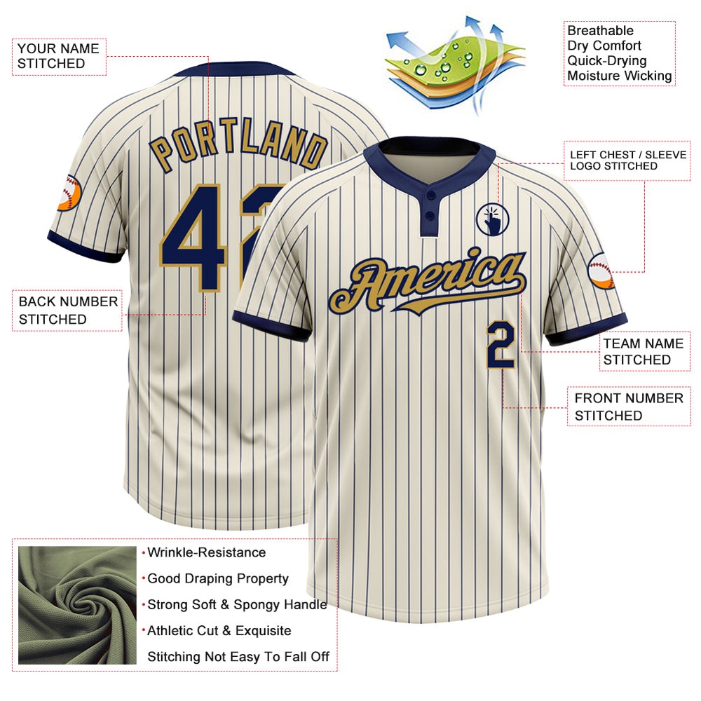 Cream Navy Pinstripe Old Gold Two Button Unisex Softball Jersey, Custom Team Softball Jersey