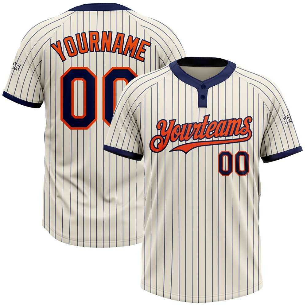 Cream Navy Pinstripe Orange Two Button Unisex Softball Jersey, Custom Team Softball Jersey