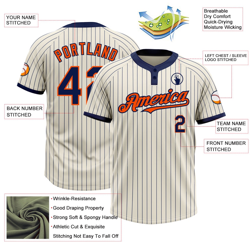 Cream Navy Pinstripe Orange Two Button Unisex Softball Jersey, Custom Team Softball Jersey