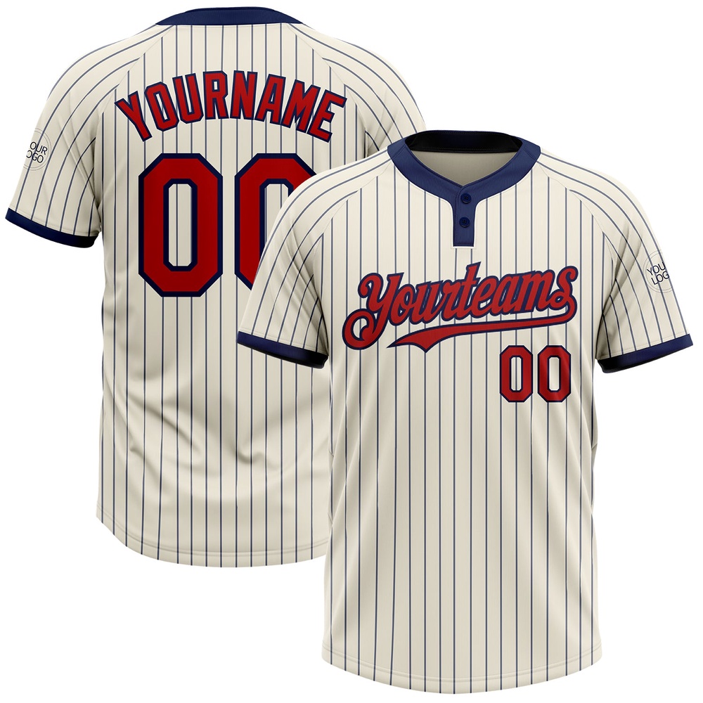 Cream Navy Pinstripe Red Two Button Unisex Softball Jersey, Custom Team Softball Jersey