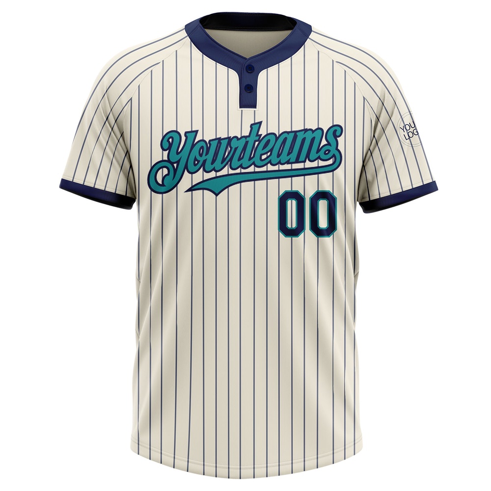 Cream Navy Pinstripe Teal Two Button Unisex Softball Jersey, Custom Team Softball Jersey