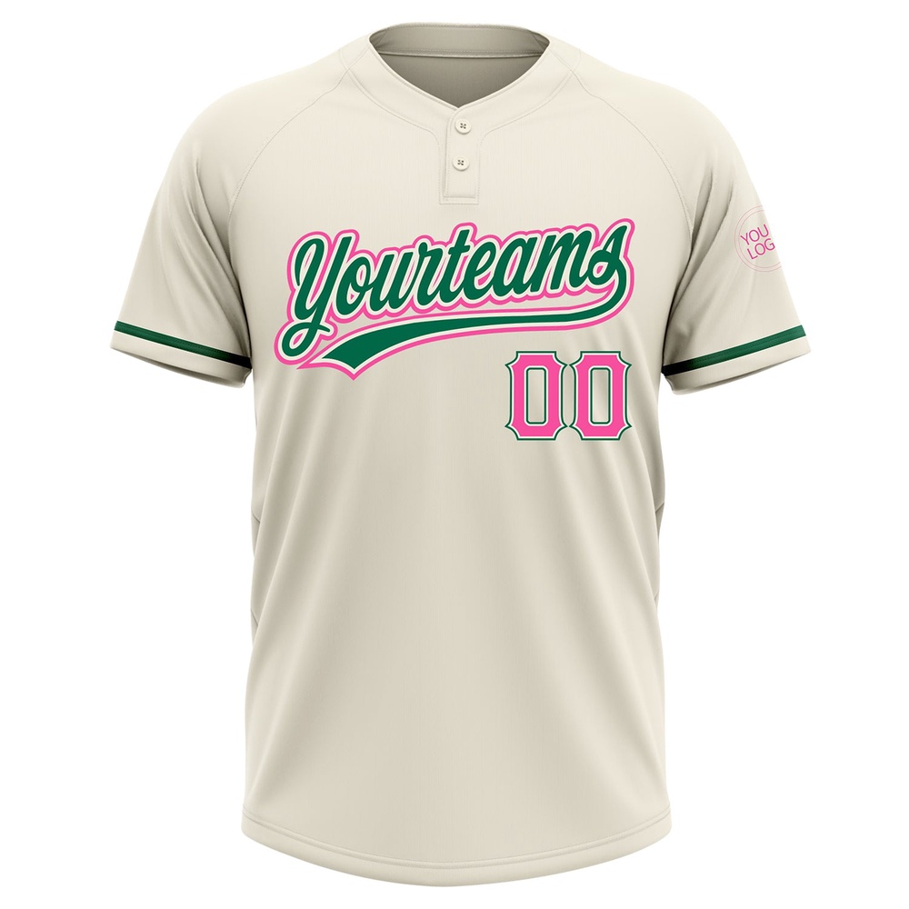 Cream Pink Kelly Green Two Button Unisex Softball Jersey, Custom Team Softball Jersey