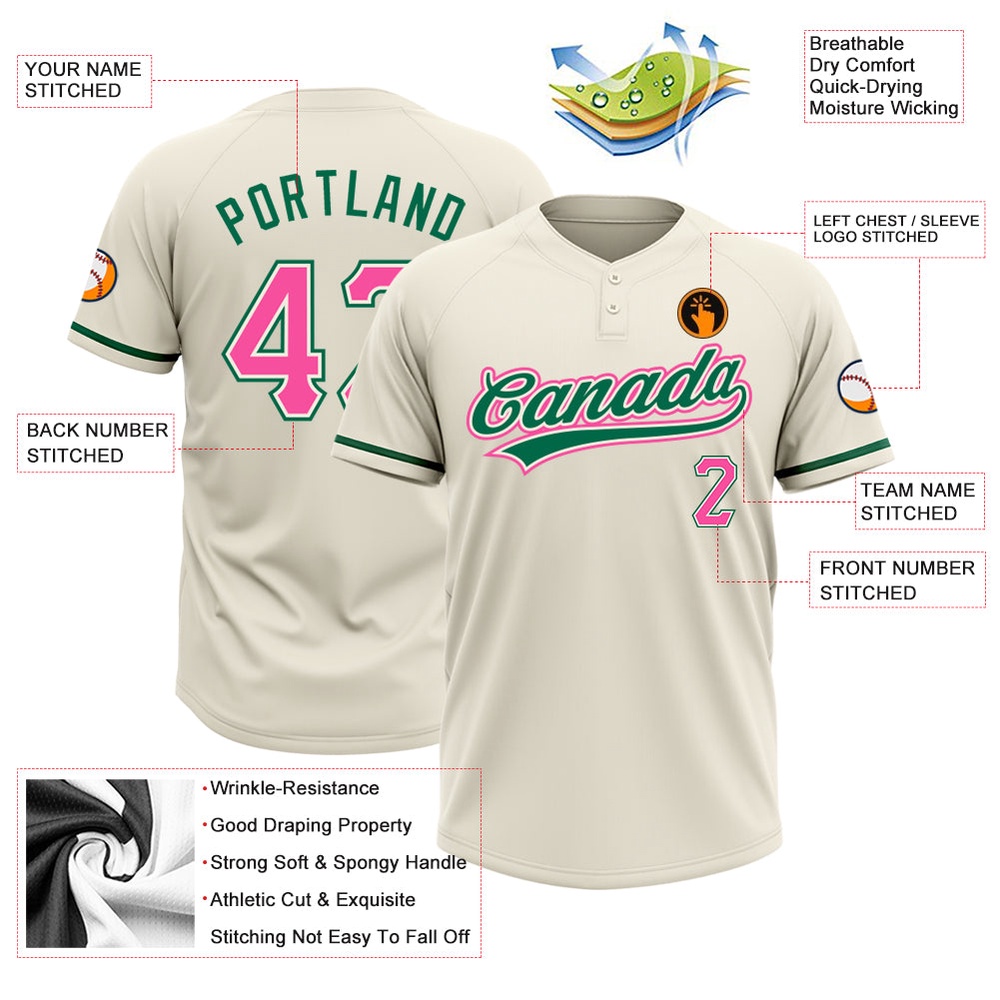 Cream Pink Kelly Green Two Button Unisex Softball Jersey, Custom Team Softball Jersey