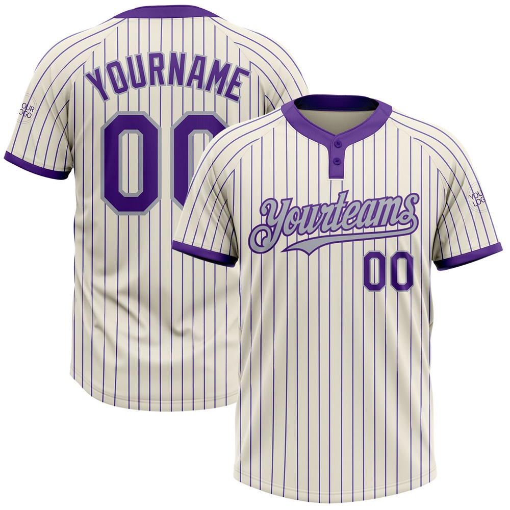 Cream Purple Pinstripe Gray Two Button Unisex Softball Jersey, Custom Team Softball Jersey