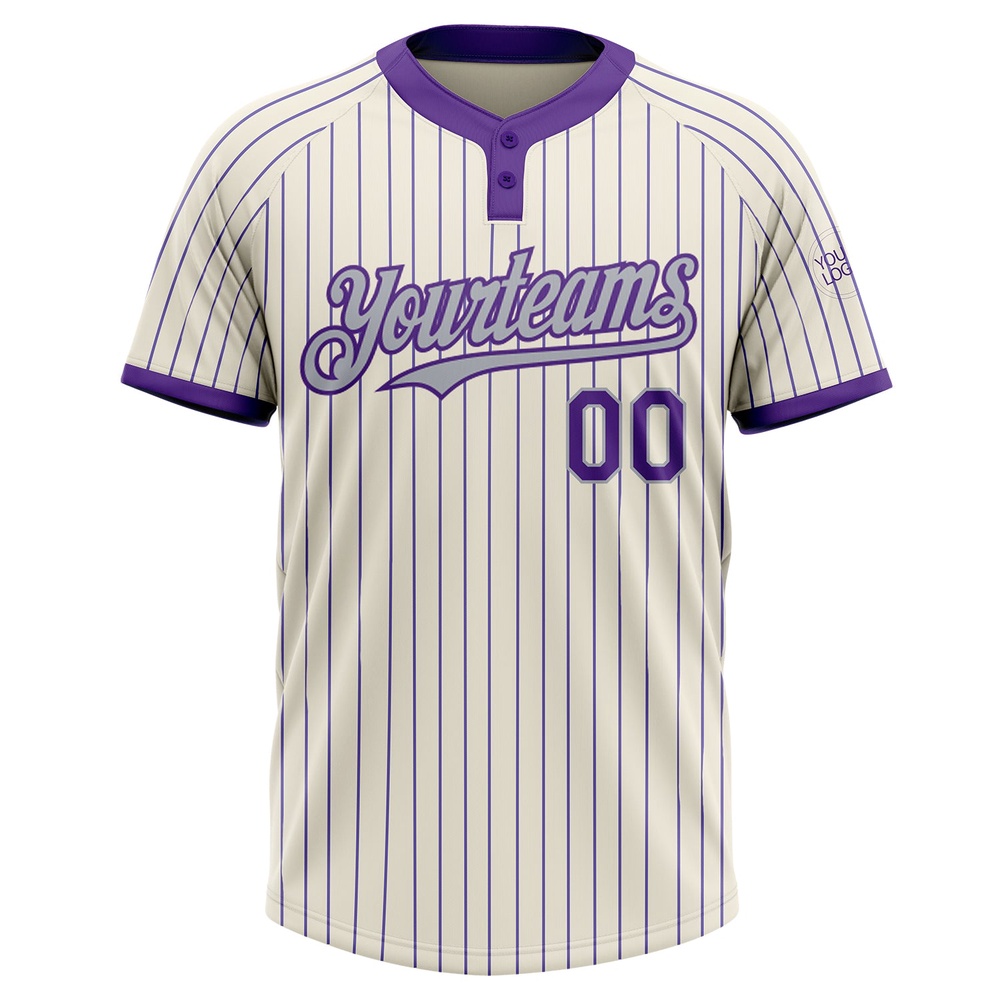 Cream Purple Pinstripe Gray Two Button Unisex Softball Jersey, Custom Team Softball Jersey