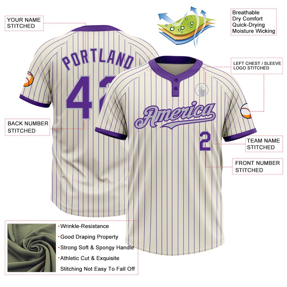 Cream Purple Pinstripe Gray Two Button Unisex Softball Jersey, Custom Team Softball Jersey
