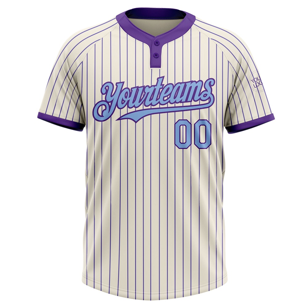 Cream Purple Pinstripe Light Blue Two Button Unisex Softball Jersey, Custom Team Softball Jersey Cream Purple Pinstripe Light Blue Two Button Unisex Softball Jersey, Custom Team Softball Jersey