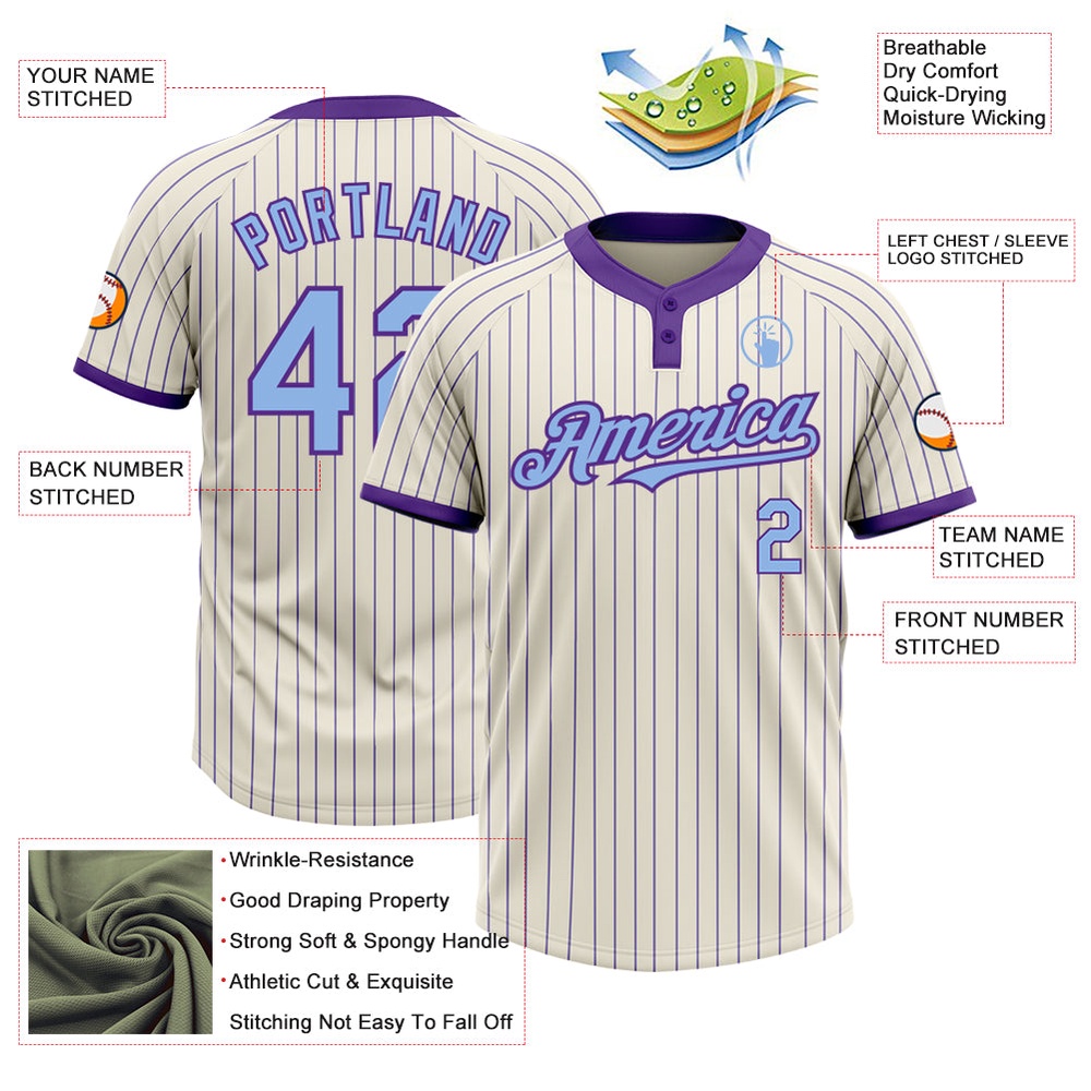 Cream Purple Pinstripe Light Blue Two Button Unisex Softball Jersey, Custom Team Softball Jersey Cream Purple Pinstripe Light Blue Two Button Unisex Softball Jersey, Custom Team Softball Jersey