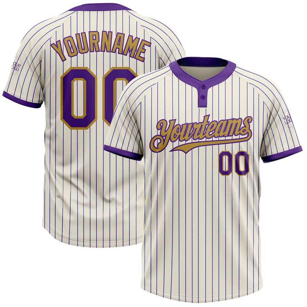 Cream Purple Pinstripe Old Gold Two Button Unisex Softball Jersey, Custom Team Softball Jersey Cream Purple Pinstripe Old Gold Two Button Unisex Softball Jersey, Custom Team Softball Jersey